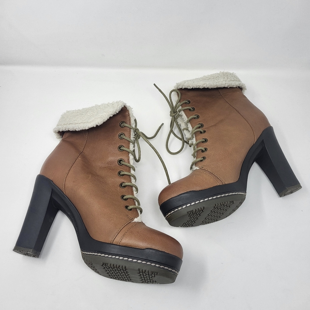 Kelsi Dagger Ricci Lace Up Leather Faux Fur Sherpa High Heel Boots Size 8.5 Tan